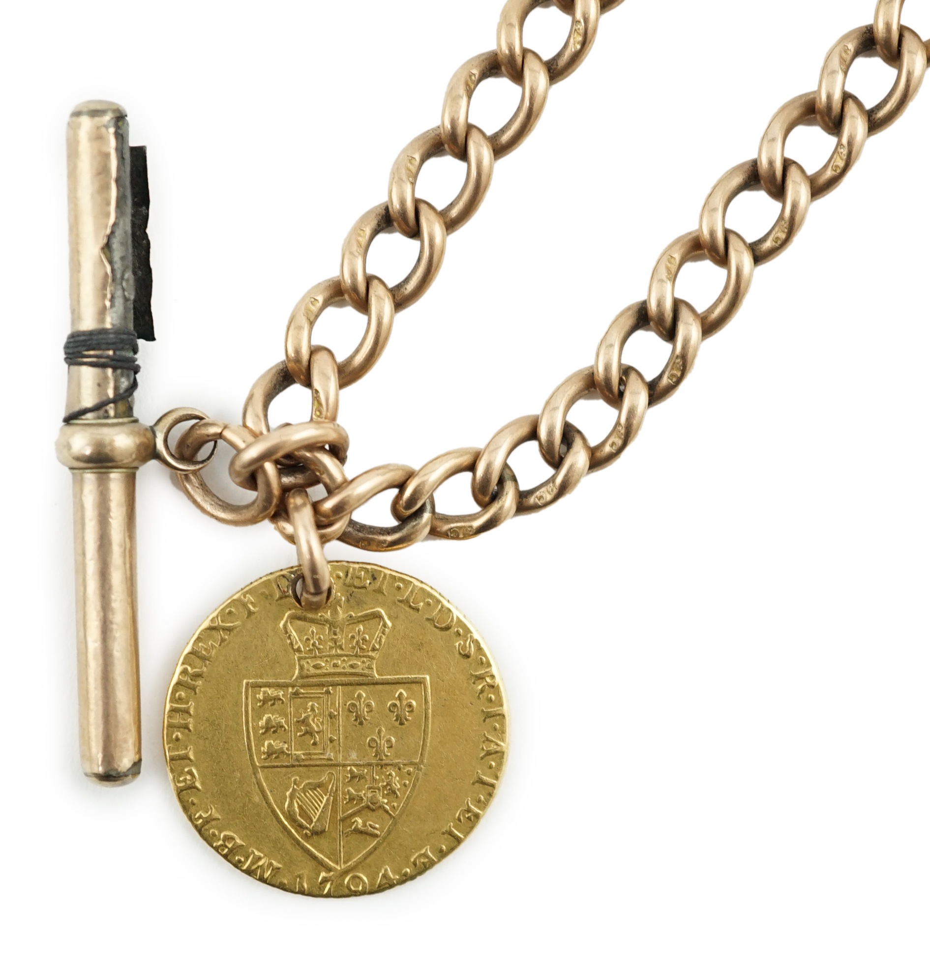 A 9ct gold albert, with gold plated T-bar and hung with a George III 1794 gold spade guinea